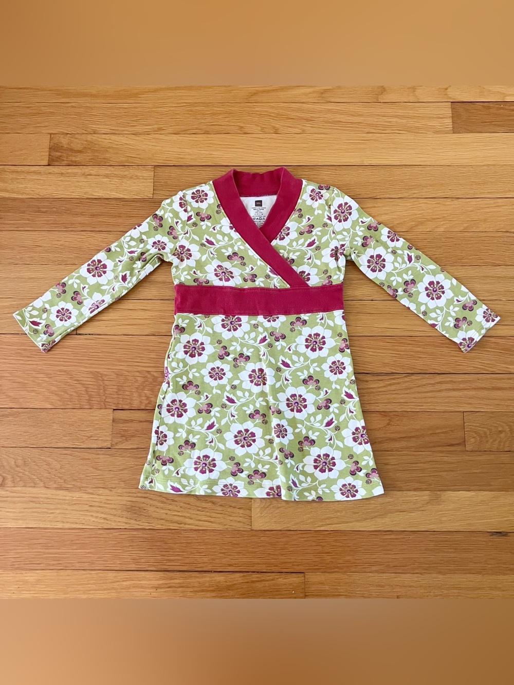 Tea Collection Green Pink Floral Wrap Crossover Cotton Long Sleeve Dress 3
